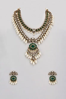 Gold Finish Kundan Polki & Green Stone Long Necklace Set