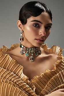 Gold Finish Kundan Polki & Multi-Colored Stone Choker Necklace Set