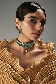 Gold Finish Kundan Polki & Multi-Colored Stone Choker Necklace Set