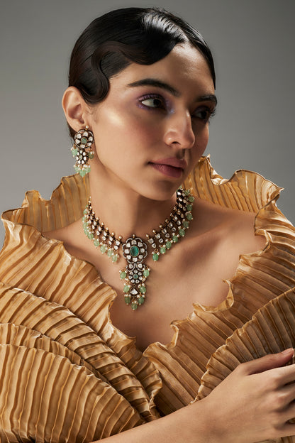 Gold Finish Kundan Polki & Green Stone Necklace Set