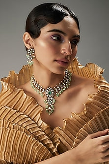 Gold Finish Kundan Polki & Green Stone Necklace Set