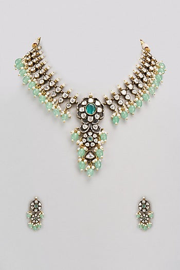 Gold Finish Kundan Polki & Green Stone Necklace Set