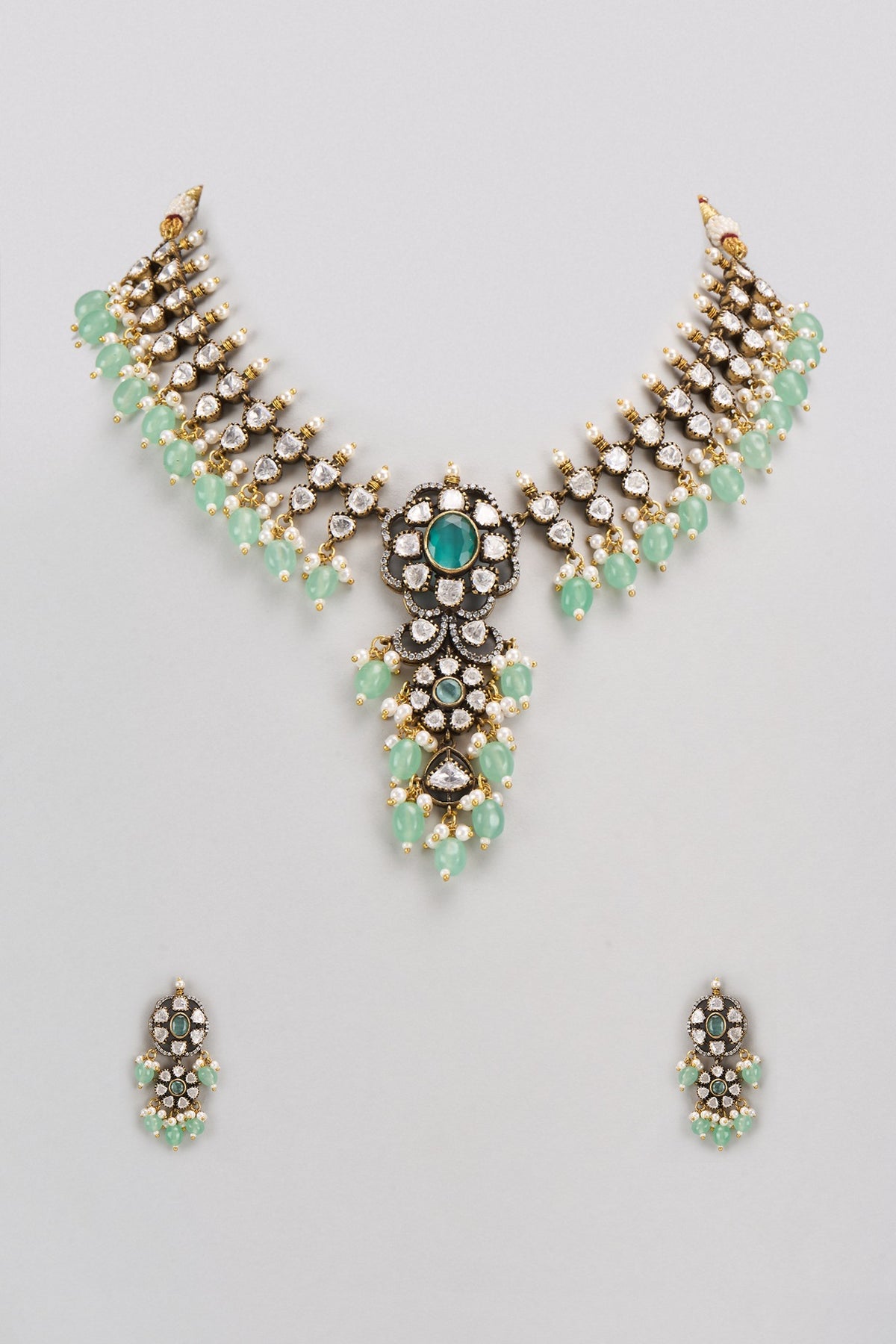 Gold Finish Kundan Polki & Green Stone Necklace Set