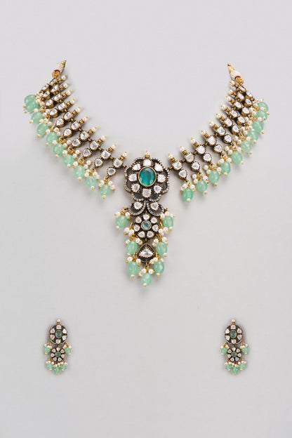 Gold Finish Kundan Polki & Green Stone Necklace Set