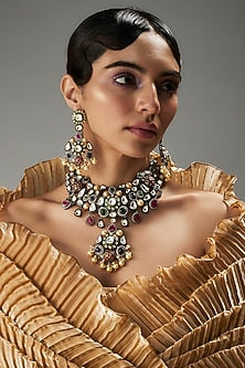 Gold Finish Kundan Polki & Multi-Colored Stone Necklace Set
