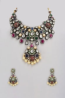 Gold Finish Kundan Polki & Multi-Colored Stone Necklace Set