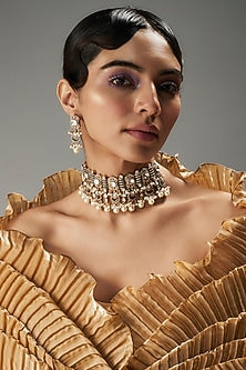 Gold Finish Kundan Polki Choker Necklace Set