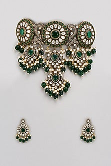 Gold Finish Kundan Polki & Green Stone Choker Necklace Set