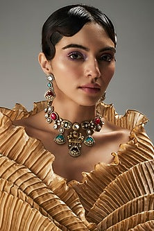 Gold Finish Kundan Polki & Multi-Colored Stone Necklace Set