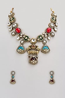 Gold Finish Kundan Polki & Multi-Colored Stone Necklace Set