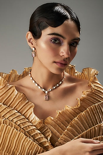 Gold Finish Kundan Polki & Pink Stone Long Necklace Set
