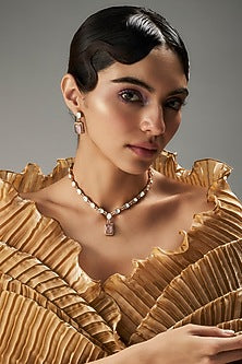 Gold Finish Kundan Polki & Pink Stone Long Necklace Set