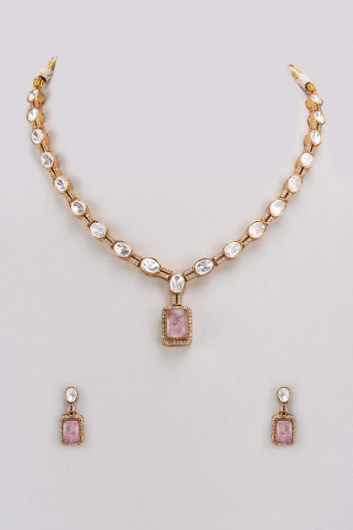 Gold Finish Kundan Polki & Pink Stone Long Necklace Set