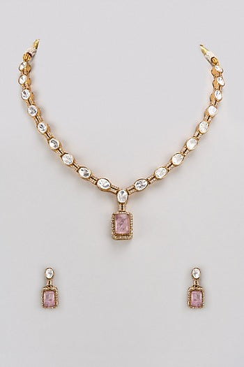 Gold Finish Kundan Polki & Pink Stone Long Necklace Set