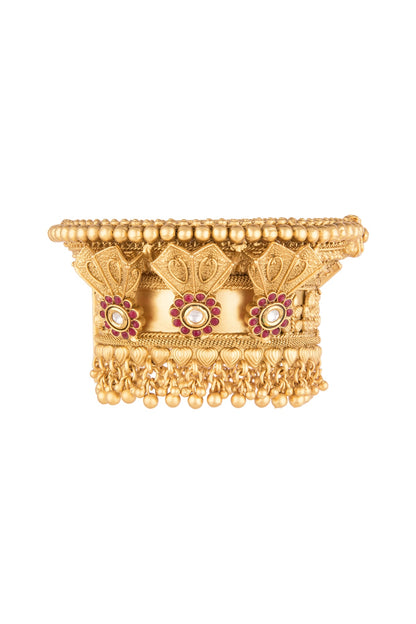 Gold Finish Red & White Kundan Polki Bangle