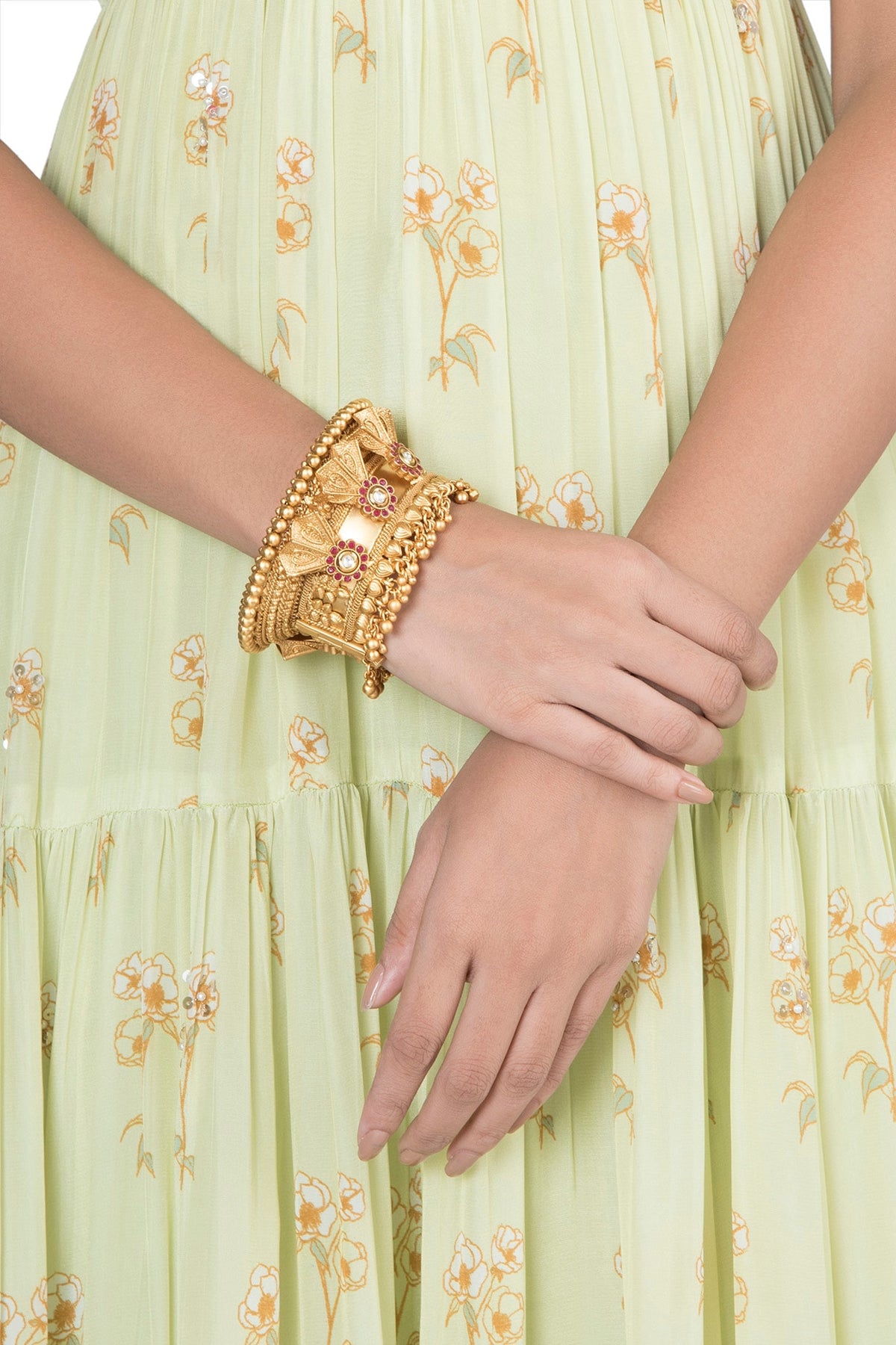 Gold Finish Red & White Kundan Polki Bangle