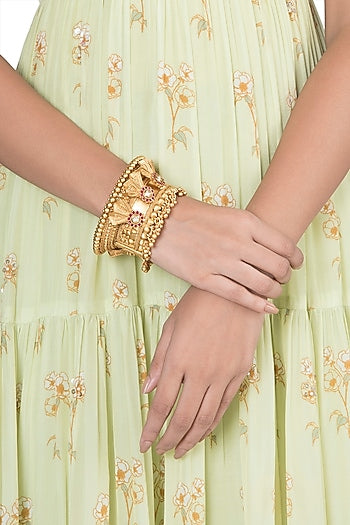 Gold Finish Red & White Kundan Polki Bangle
