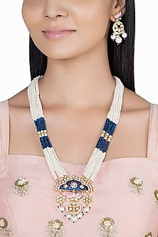 Gold Finish Kundan Polki & Faux Pearl Enameled Mala Necklace Set