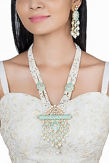 Gold Finish Kundan Polki & Faux Pearl Enameled Long Necklace Set