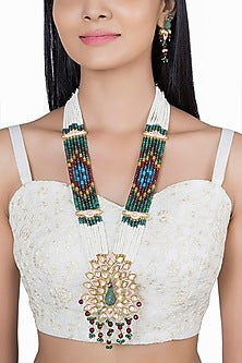 Gold Finish Faux Kundan Polki Enameled Peacock Mala Set