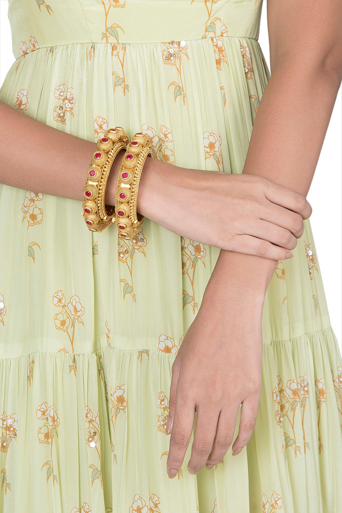 Gold Finish Red Stone Antique Bangle
