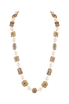 Gold Finish Faux Pearl & Red Stone Engraved Mala