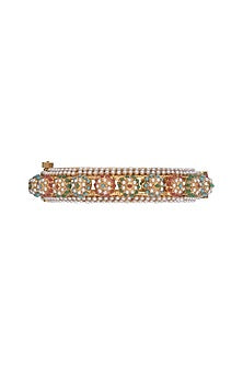 Gold Finish Faux Pearl & Multi-Colored Stone Openable Bangles (Set of 2)