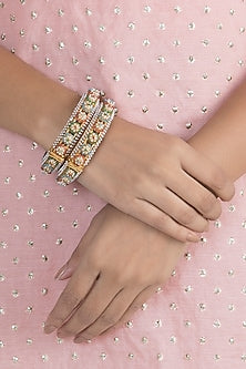 Gold Finish Faux Pearl & Multi-Colored Stone Openable Bangles (Set of 2)