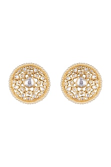 Gold Finish Faux Pearl & Kundan Polki Stud Earrings