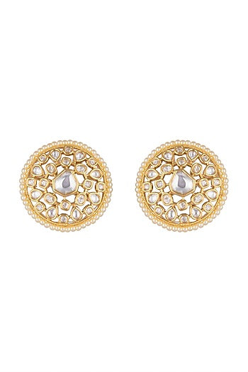 Gold Finish Faux Pearl & Kundan Polki Stud Earrings