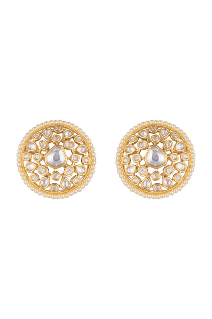 Gold Finish Faux Pearl & Kundan Polki Stud Earrings