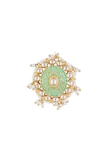 Gold Finish Kundan Polki Blue Meenakari Ring