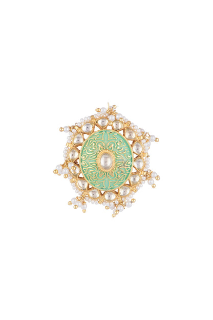 Gold Finish Kundan Polki Blue Meenakari Ring