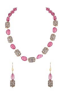 Gold Finish Pink & Black Stone Mala Set