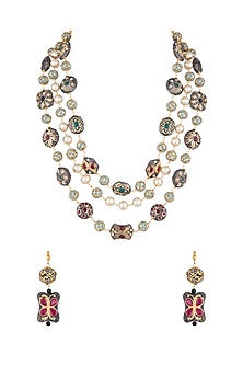 Gold Finish Faux Pearl & Multi-Colored Stone Layered Mala Set