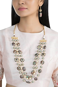 Gold Finish Faux Pearl & Multi-Colored Stone Layered Mala Set