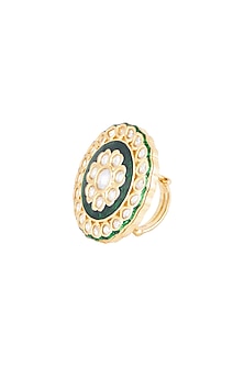 Gold Finish Kundan Polki Green Meenakari Ring