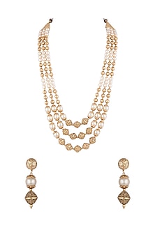 Gold Finish Faux Pearl & Metal Balls Layered Mala Set