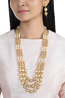 Gold Finish Faux Pearl & Metal Balls Layered Mala Set
