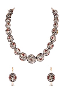 Gold Finish Red & Black Stone Mala Set