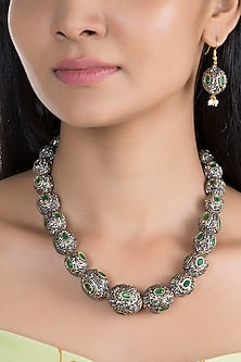 Gold Finish Green & Black Stone Mala Set