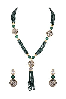 Gold Finish Black Stone & Green Beaded Mala Set