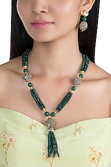 Gold Finish Black Stone & Green Beaded Mala Set