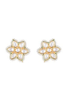Gold Finish Kundan Polki & Faux Pearl Stud Earrings