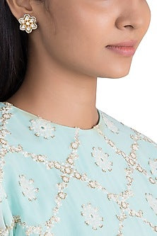 Gold Finish Kundan Polki & Faux Pearl Stud Earrings