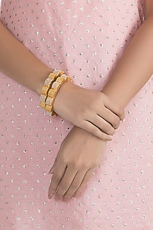 Gold Finish Faux Pearl Openable Bangles (Set of 2)