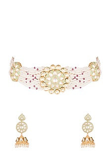 Gold Finish Kundan Polki & Faux Pearl Green Enameled Choker Necklace Set