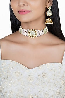 Gold Finish Kundan Polki & Faux Pearl Green Enameled Choker Necklace Set