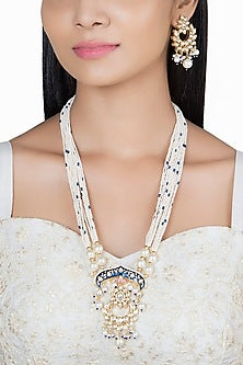 Gold Finish Faux Pearl & Kundan Polki Enameled Mala Set