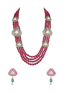 Gold Finish Faux Kundan Polki & Red Beaded Long Necklace Set